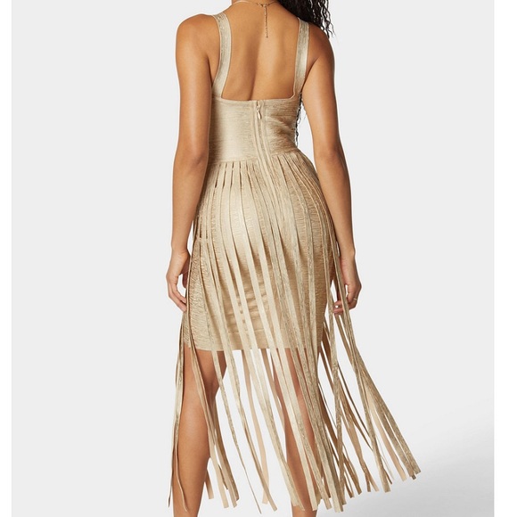 BEBE CHAMPAGNE BANDAGE FRINGE MAXI DRESS ✨✨✨ - Picture 3 of 12